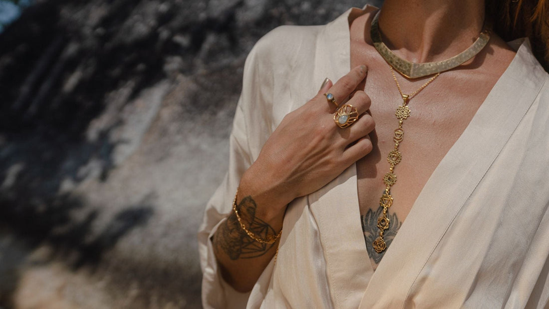 7-Chakra Necklace editorial hero - model white linen